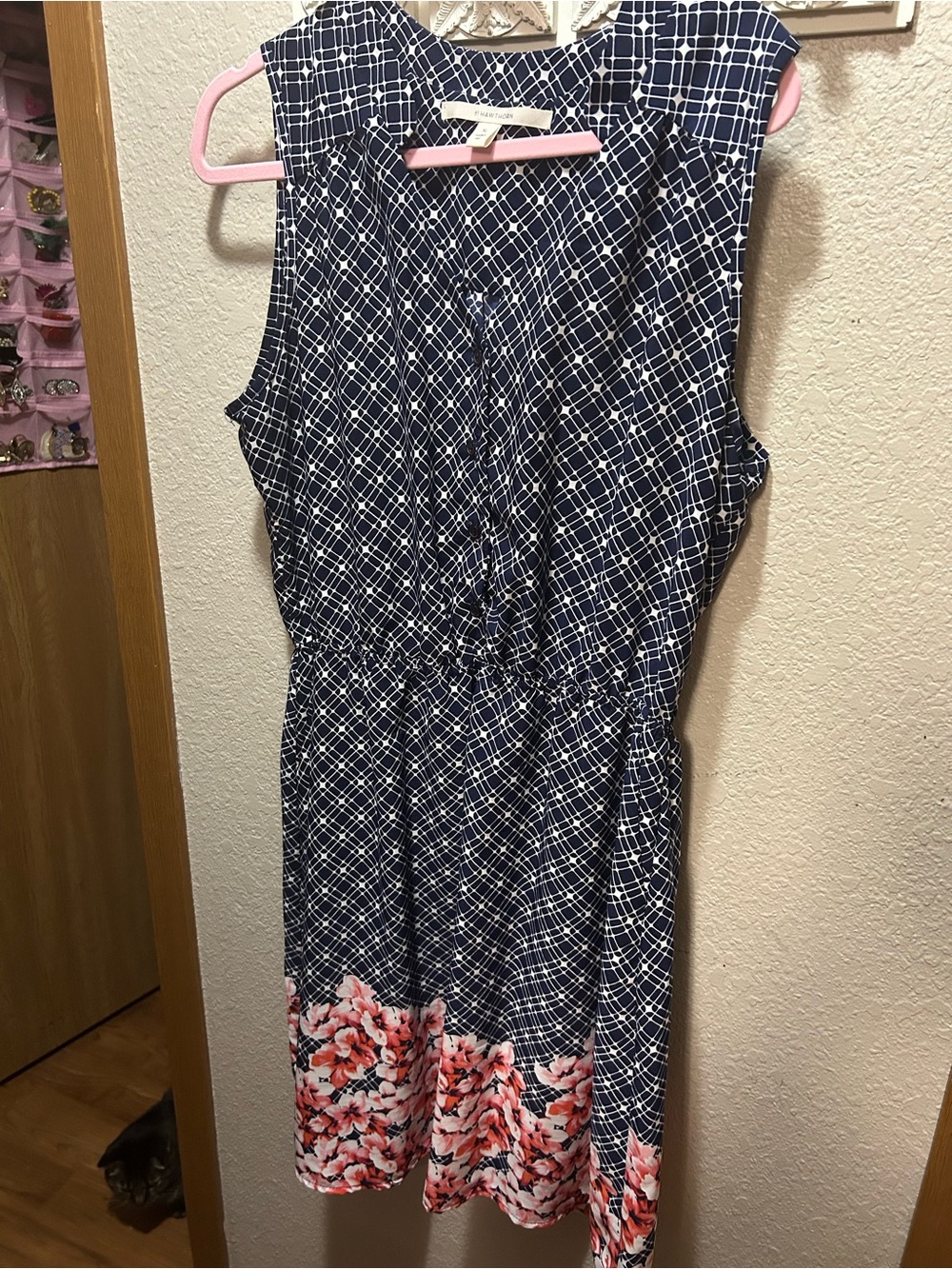 41 Hawthorn Navy Plaid Sleeveless Midi Dress with Pink Floral Hem